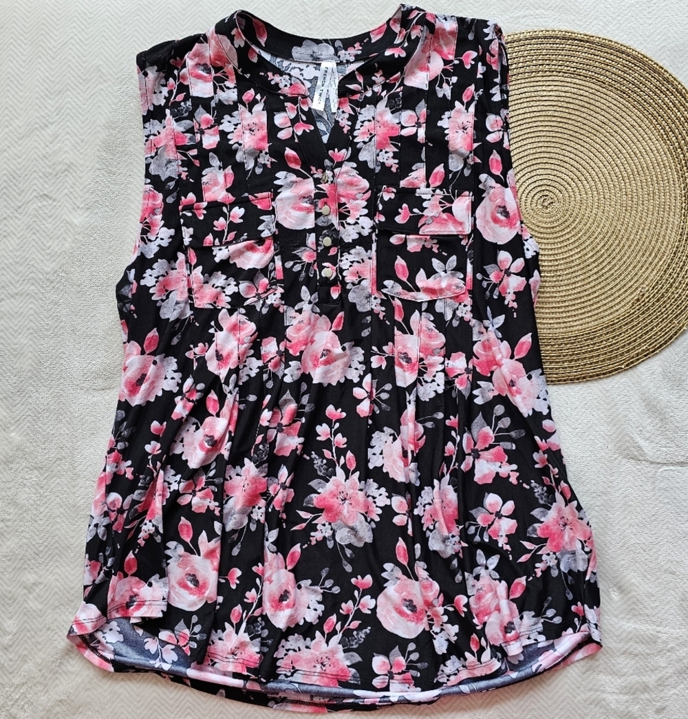 *4 for $25* French Twist Floral Sleeveless Top - Black and Pink